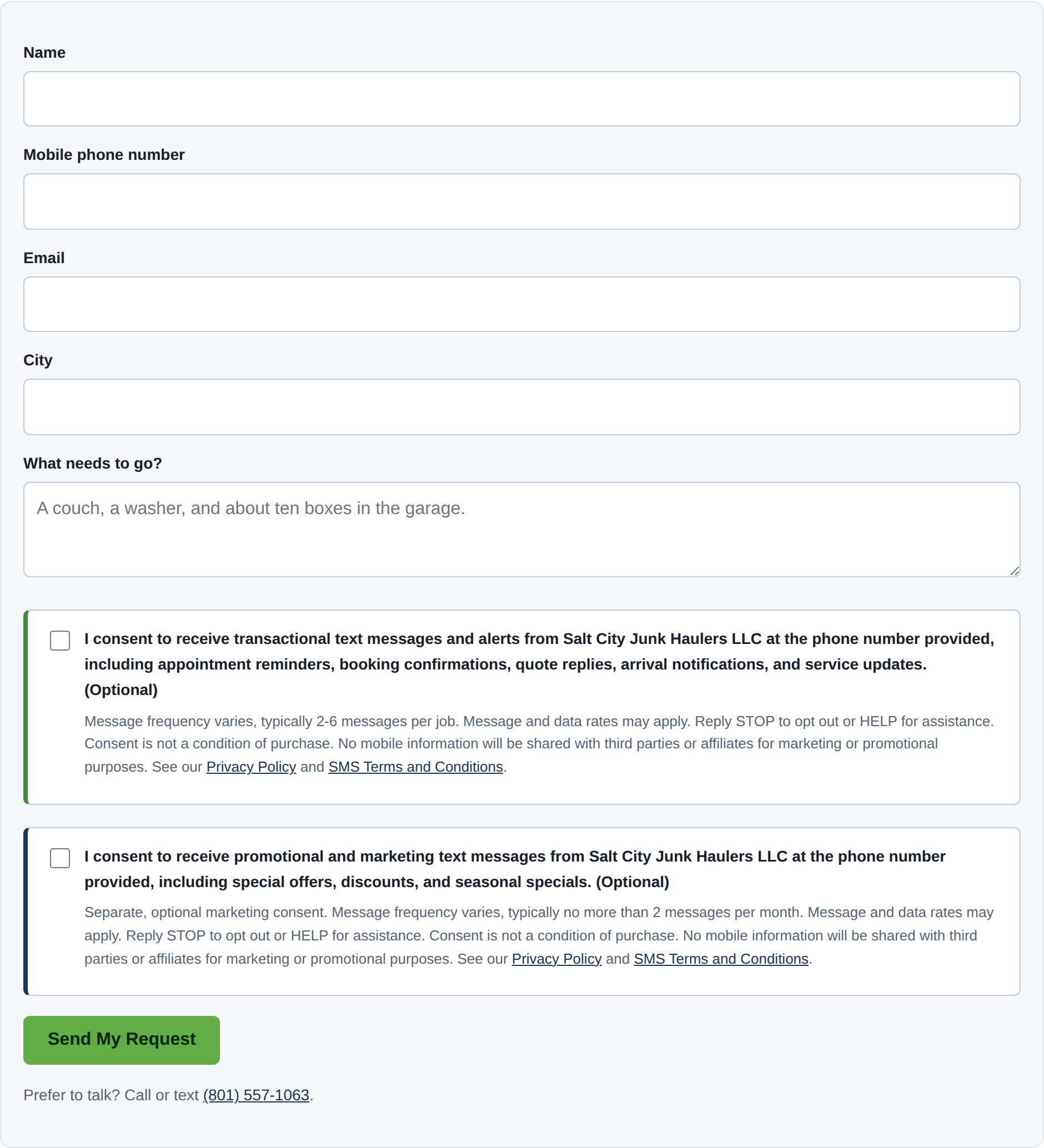 Screenshot of the Salt City Junk Haulers LLC quote form showing both SMS consent checkboxes unchecked with the full disclosure text visible